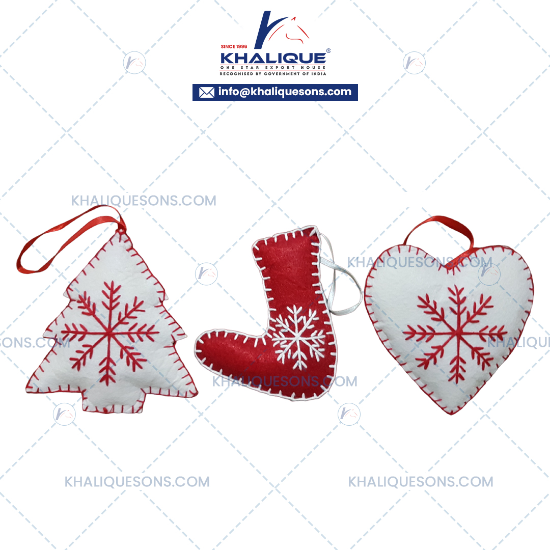 Red and white Christmas tree, stocking, and heart hanging